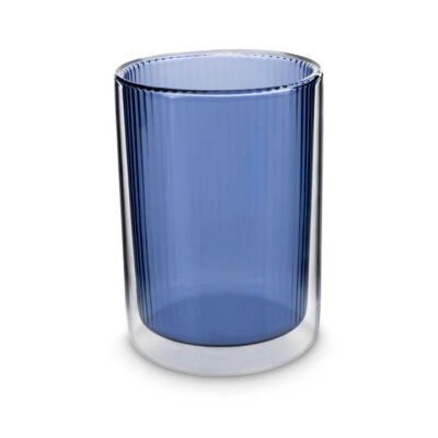 Ribbed Double Walled Glass Tumbler Short Blue CG Tea Ribbed Double Walled Glass Tumbler Short Blue